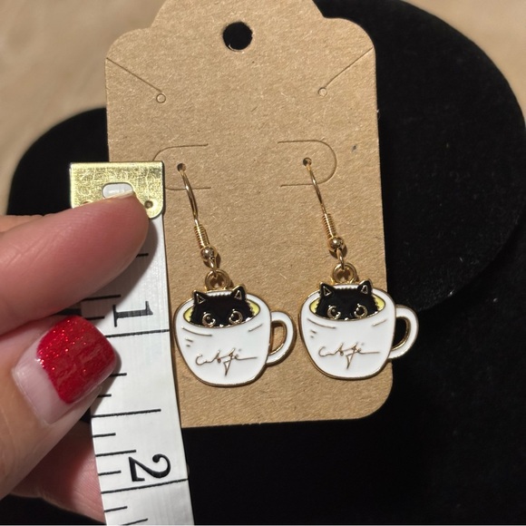 Void Black Cat In Coffee Cup Dangle Earrings, Kitty in Coffee Dangle Earrings - Picture 9 of 10